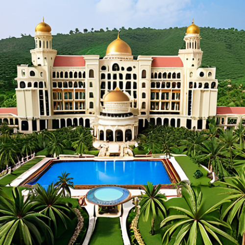 Home 4 **
A wide shot of the Al-Afiah Royal Grand Hotel, showcasing its stunning architecture and lush green surroundings. Focus on capturing the royal and peaceful atmosphere. Include elements suggesting exclusivity and privacy.
**