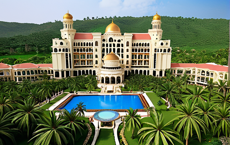 **

A wide shot of the Al-Afiah Royal Grand Hotel, showcasing its stunning architecture and lush green surroundings. Focus on capturing the royal and peaceful atmosphere. Include elements suggesting exclusivity and privacy.

**