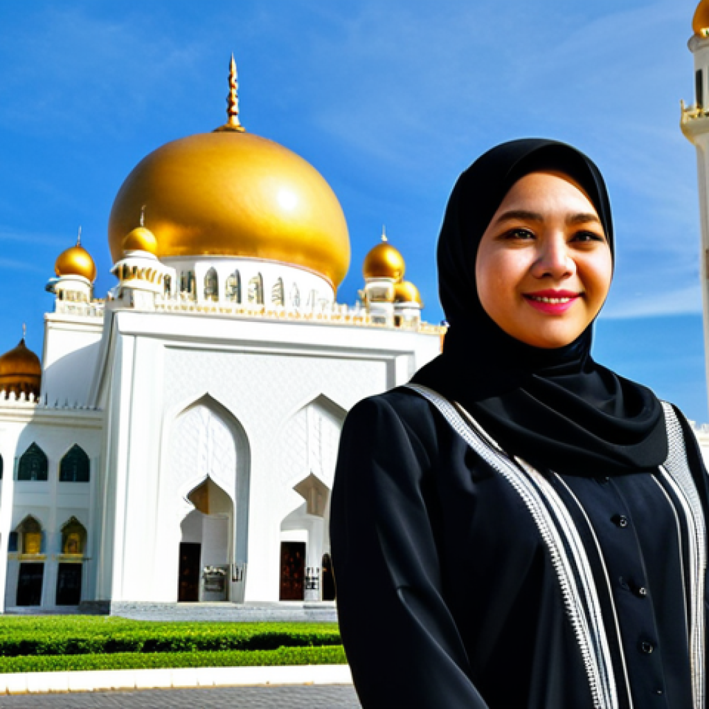 브루나이 여행 팁 - **

A professional female traveler, fully clothed in modest travel attire, standing in front of the ...