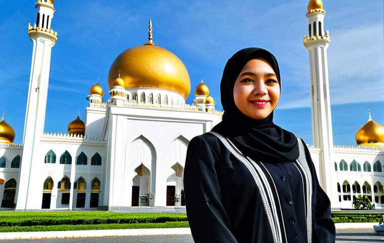 브루나이 여행 팁 - **
A professional female traveler, fully clothed in modest travel attire, standing in front of the ...