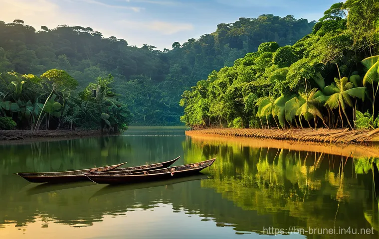 브루나이의 하천 보전 - **Prompt:** A serene and vibrant river scene in Brunei Darussalam, showcasing its rich cultural heri...